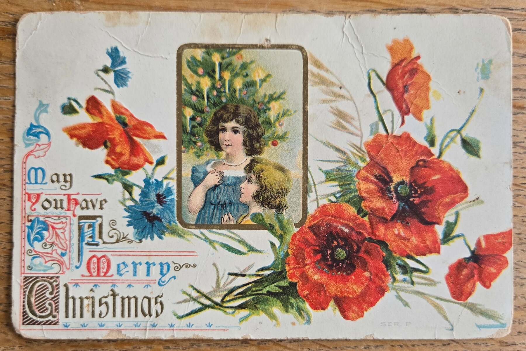 Merry Christmas Two Children Christmas Tree Red Poppies Embossed Postcard 1909