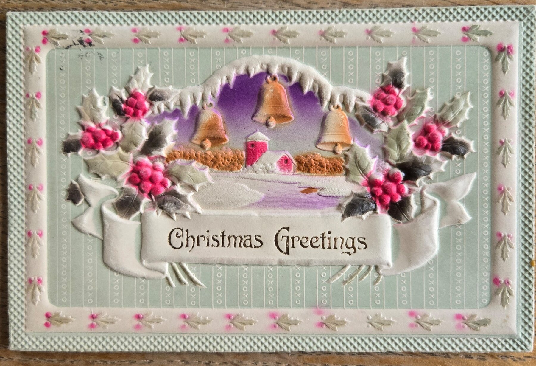 Christmas Greetings Embossed Bells Holly Canal Zone Panama Stamp Postcard 1918