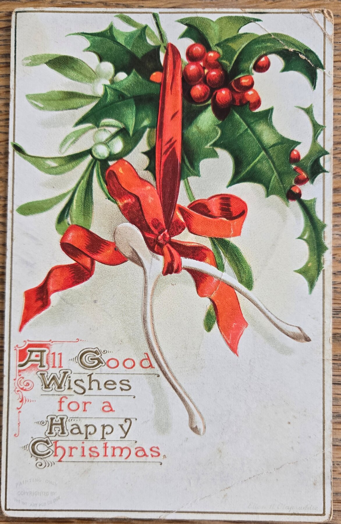 All Good Wishes Happy Christmas Holly Mistletoe Red Ribbon Postcard 1909