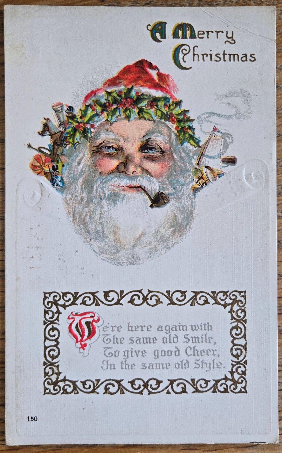 Merry Christmas Santa Claus Face Pipe Holly Toys Verse Cleveland Postcard 1915