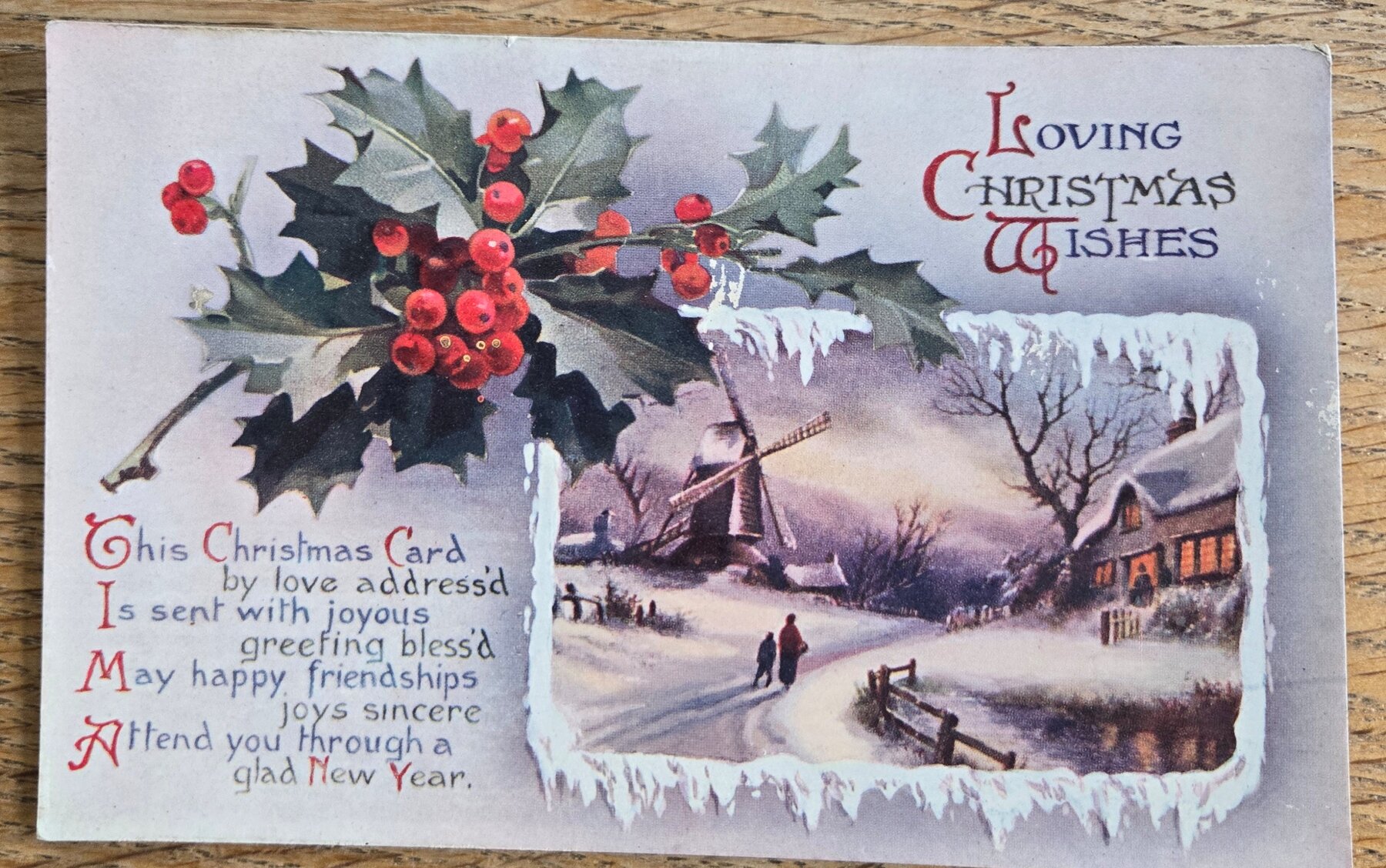 Loving Christmas Wishes Windmill Winter Holly Verse W&K London Postcard c1910