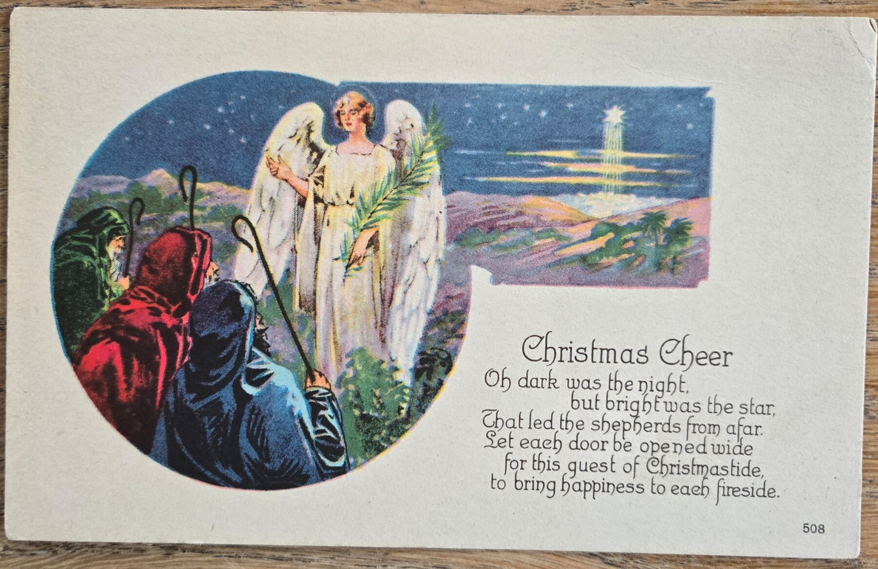 Christmas Cheer Shepherds Angel Star of Bethlehem Verse Made USA Postcard c1915