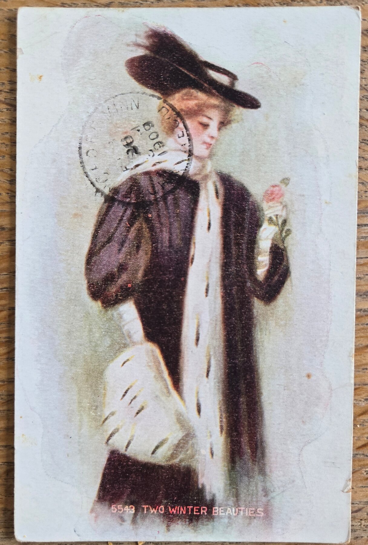 Two Winter Beauties Edwardian Woman Fur Muff Rose Fashion Postcard 1909