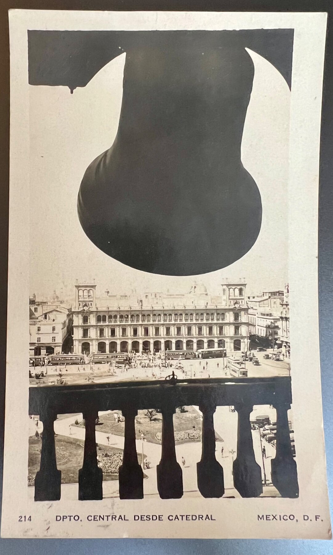 Mexico DF Zocalo Palacio Nacional Cathedral Bell Silhouette RPPC Postcard c1940