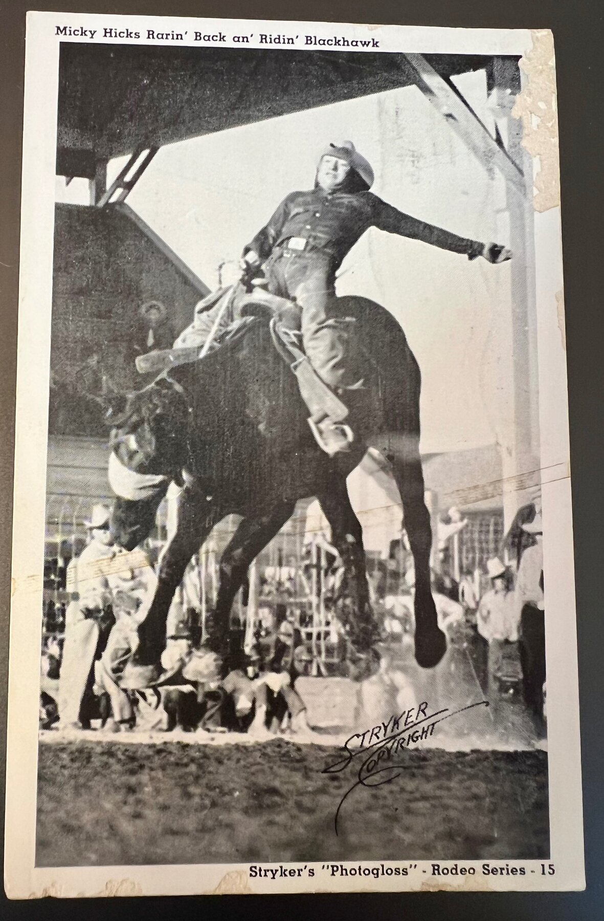 Micky Hicks Rodeo Bronc Riding Blackhawk Stryker Photogloss Postcard 1943