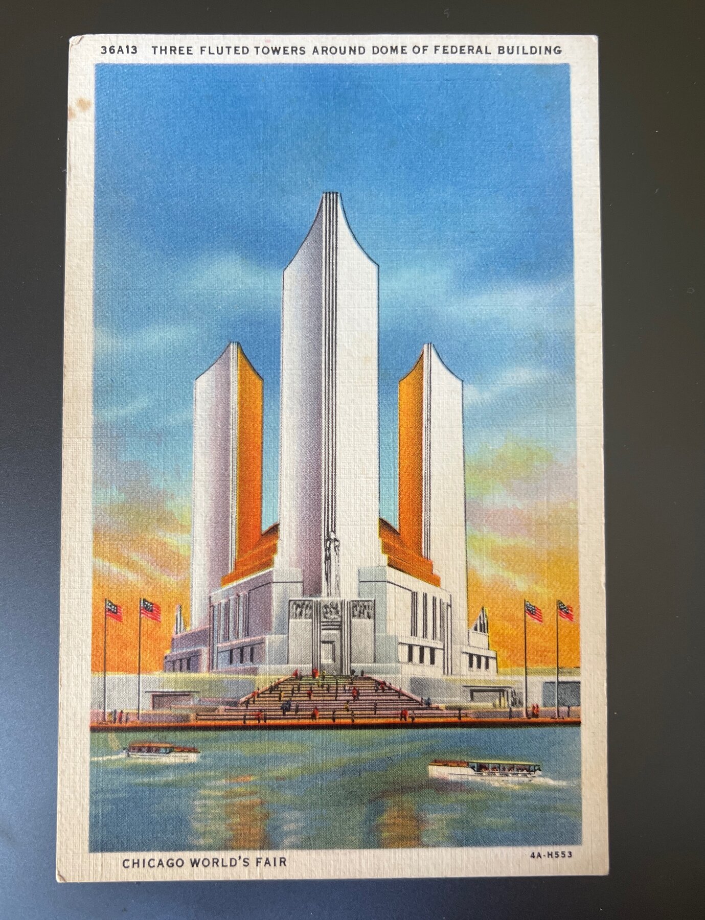 Chicago Worlds Fair 1933 Federal Building Three Fluted Towers Postcard
