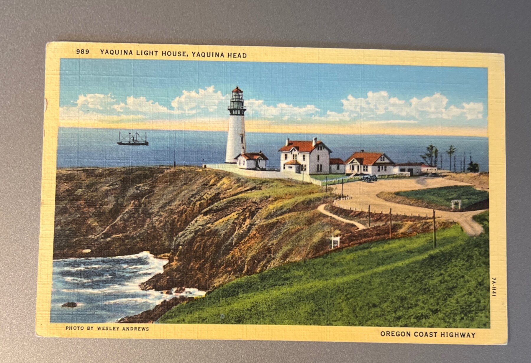 Postcard 1943 Linen Yaquina Head Lighthouse Oregon Coast Highway Wesley Andrews