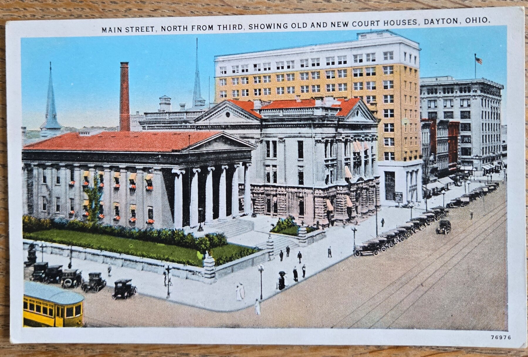 Dayton Ohio Main Street Old New Court Houses Tram Curteich Postcard c1920