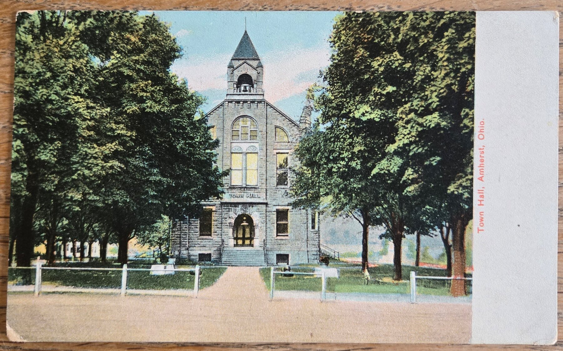 Town Hall Amherst Ohio Romanesque Bell Tower Trees Litho-Chrome Postcard c1909
