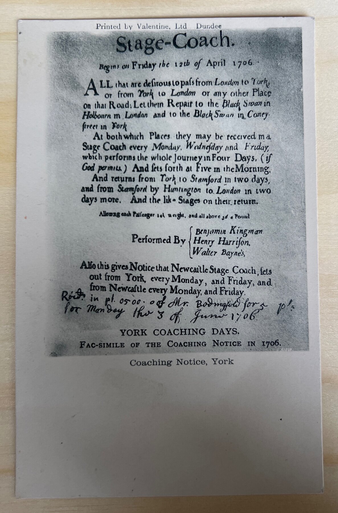 York Coaching Days 1706 Stage-Coach Notice Facsimile Postcard c1905