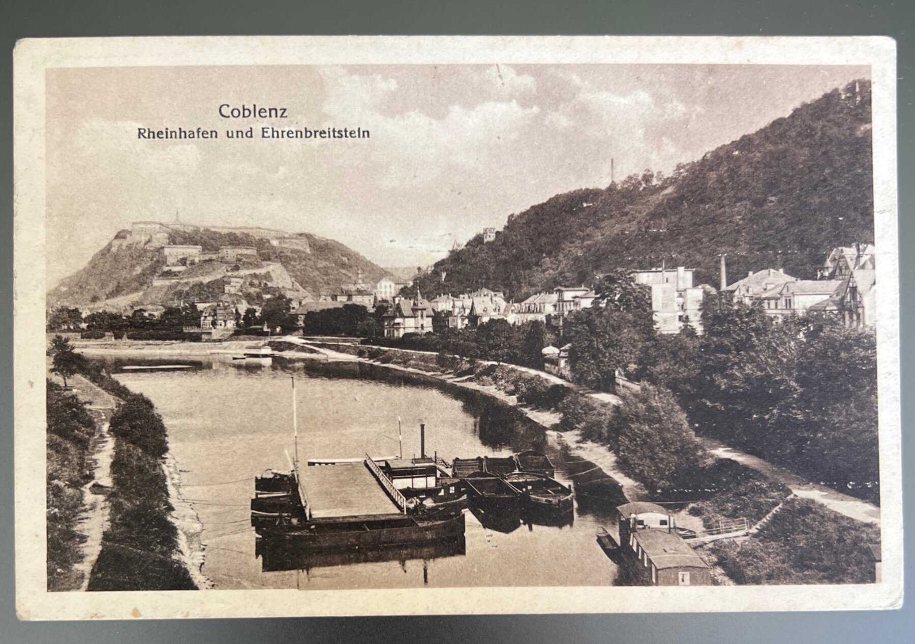Postcard 1917 Coblenz Rheinhafen Ehrenbreitsteln Rhine Harbor Germany Pre-Linen