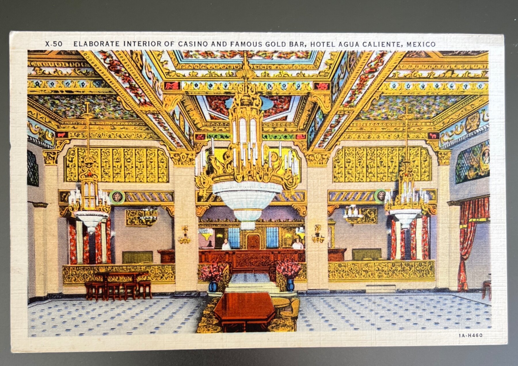 Postcard 1930s Hotel Agua Caliente Casino Gold Bar Interior Tijuana Mexico Linen