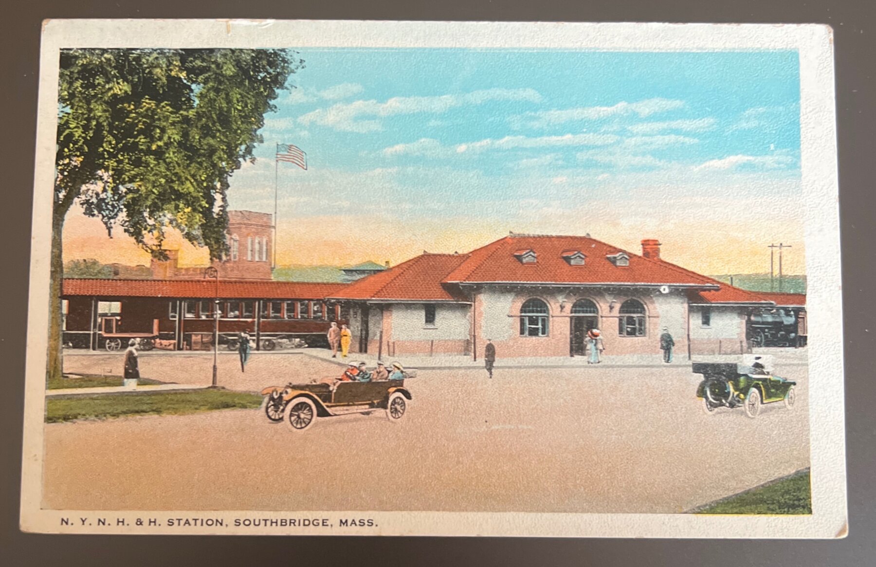 Postcard 1920s Linen NYNH&H Railroad Station Southbridge MA Unposted Morris Berman