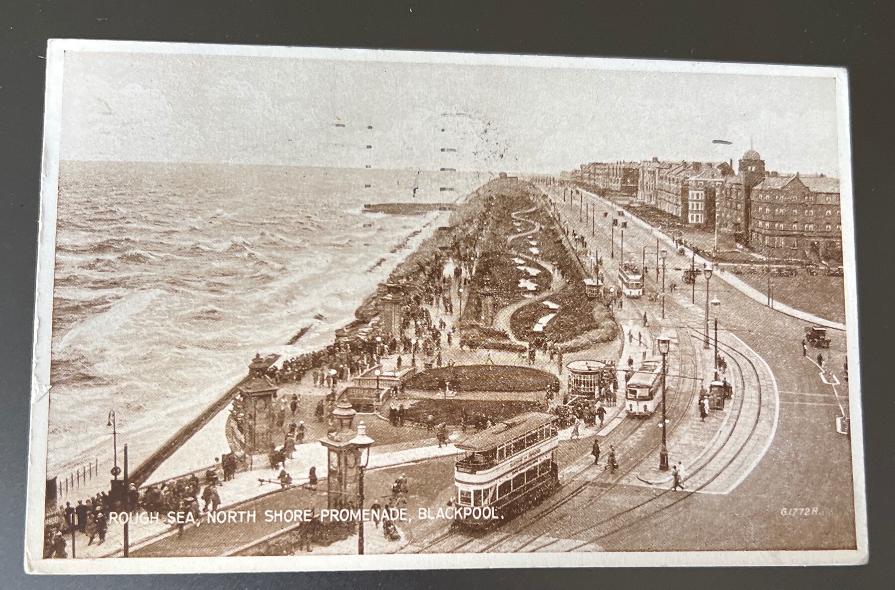Blackpool North Shore Promenade Rough Sea Trams England Postcard 1952