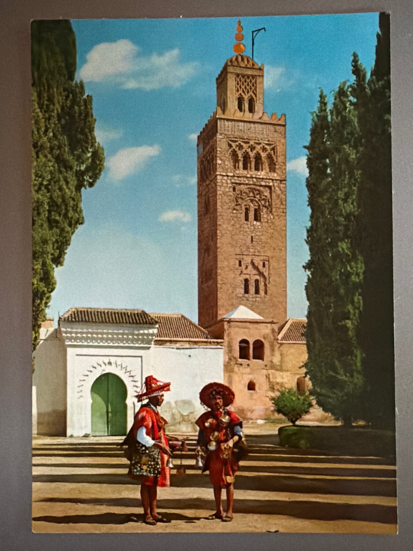 Postcard 1960s Marrakech Koutoubia Mosque Water Vendors Morocco Chrome