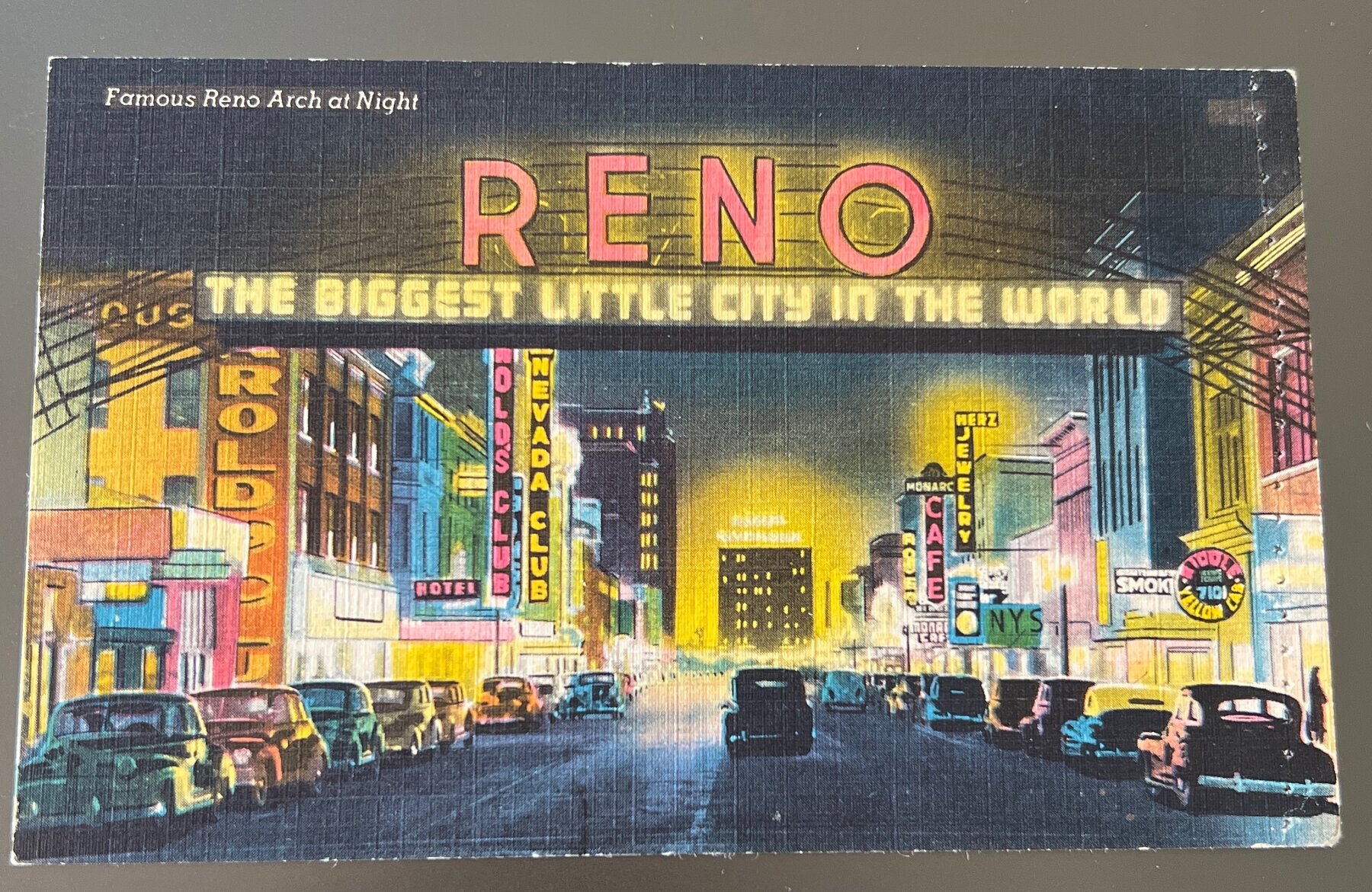 Postcard Famous Reno Arch at Night Nevada Linen c1940s Biggest Little City