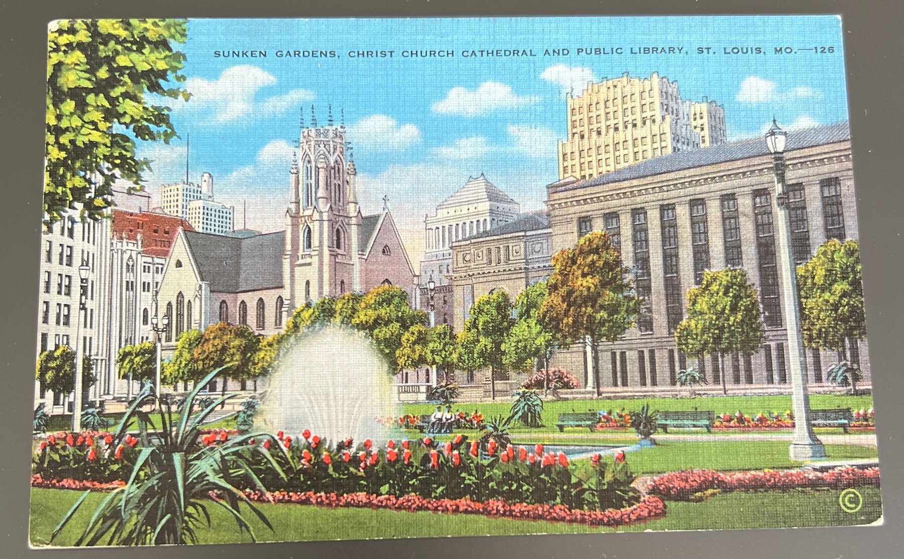 Postcard 1940s Linen St Louis MO Sunken Gardens Christ Church Cathedral Library