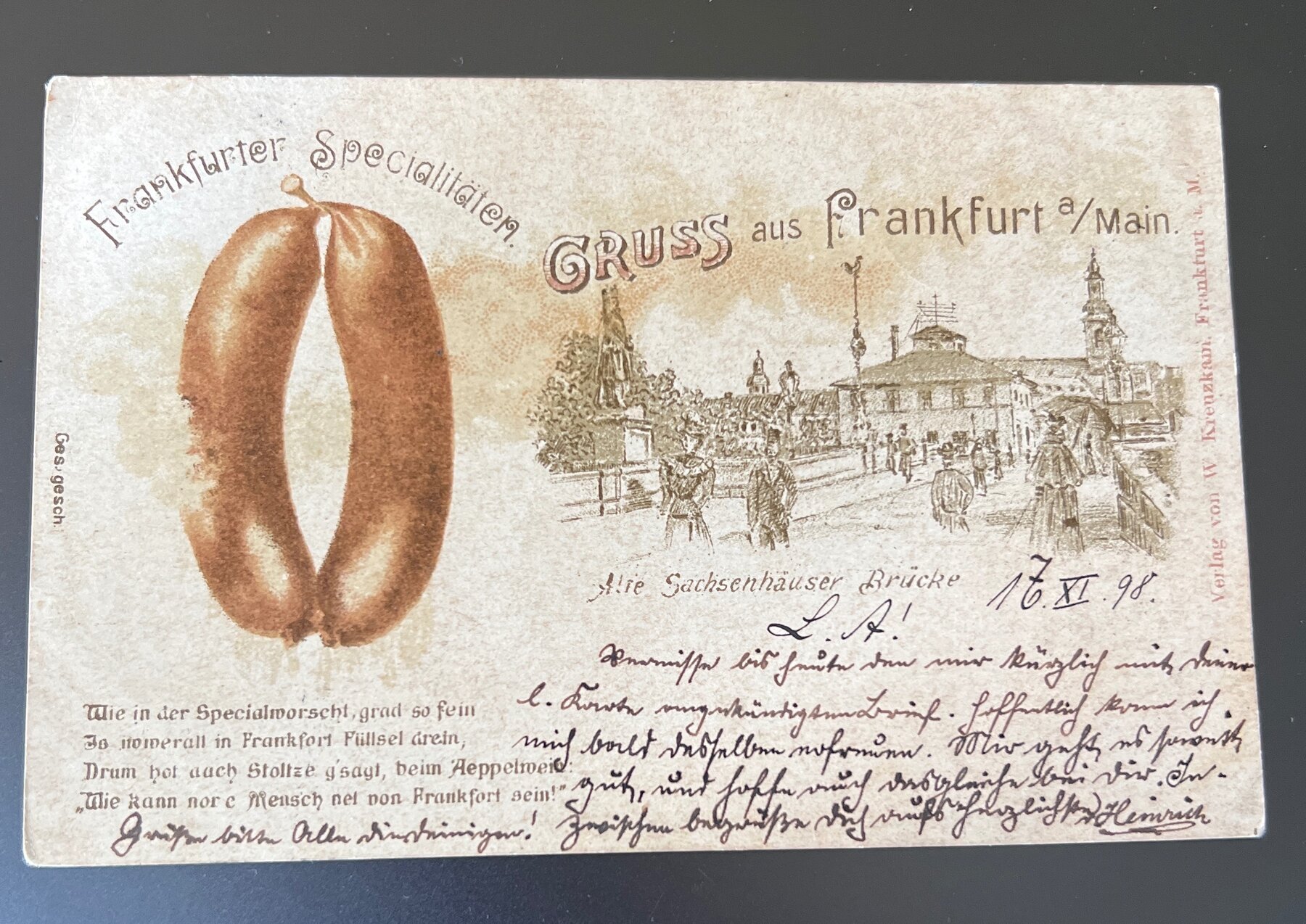 Gruss aus Frankfurt am Main Frankfurter Sausage Specialties Germany Postcard 1898