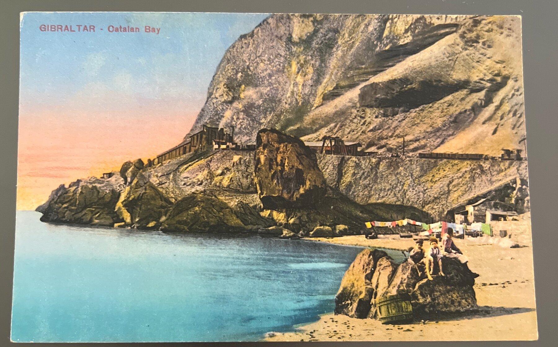 Postcard 1900s Gibraltar Catalan Bay Hand-Colored Children Rock Unused