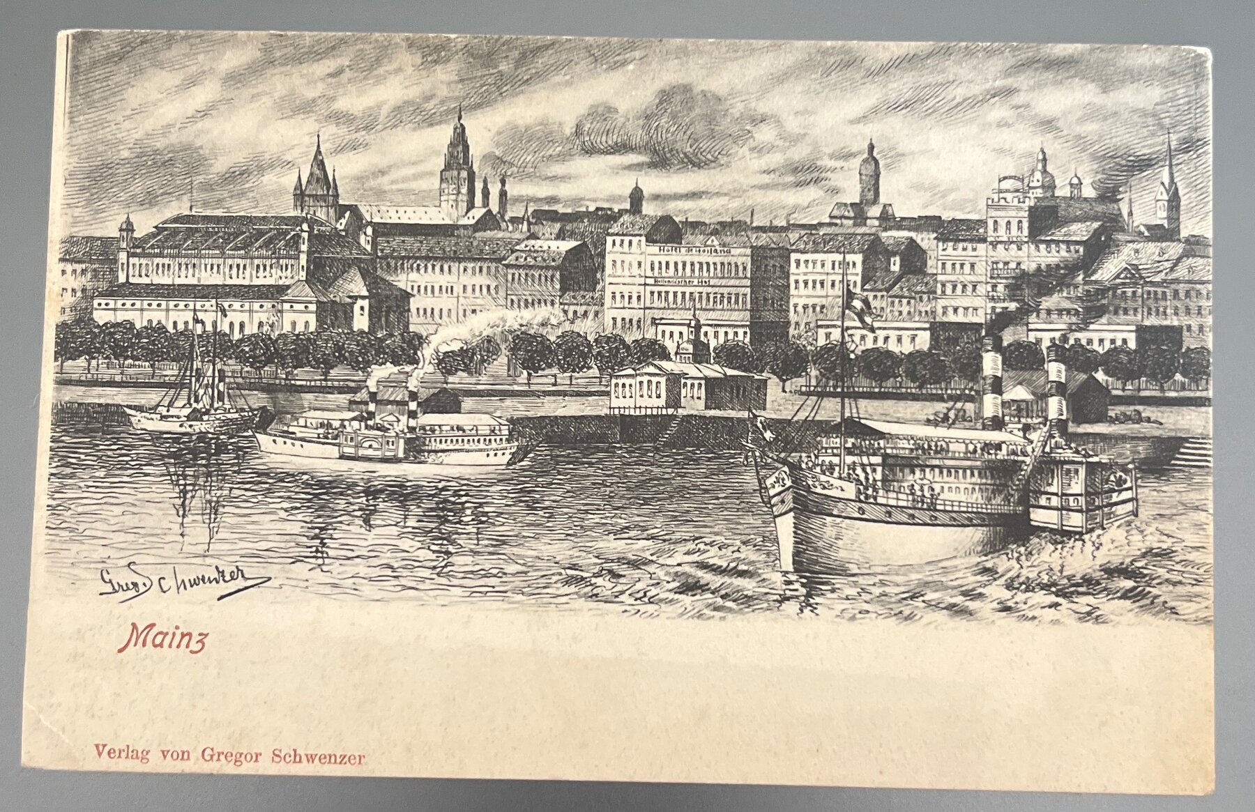 Postcard 1898 Mainz Rhine Riverfront Steamships Art Etching Gregor Schwenzer