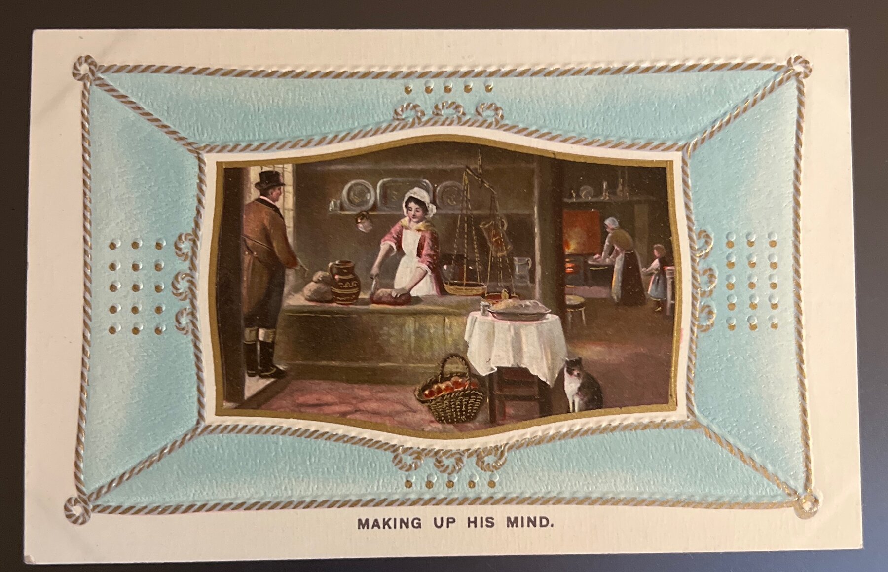 Postcard 1905 Making Up His Mind Embossed Kitchen Scene Saxony Comic UK