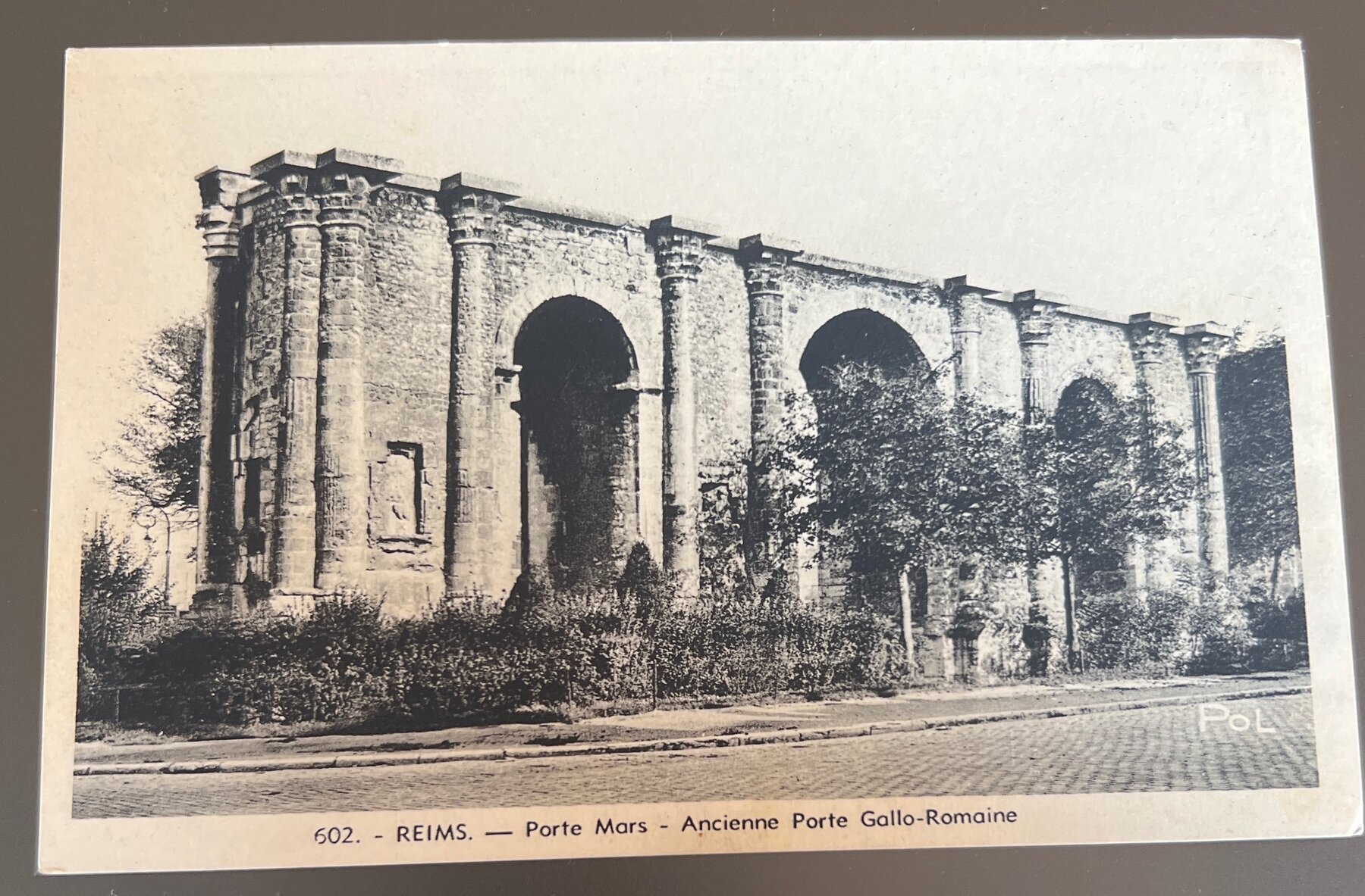 Postcard 1945 WWII Army Postal Service Reims France Porte Mars Roman Gate