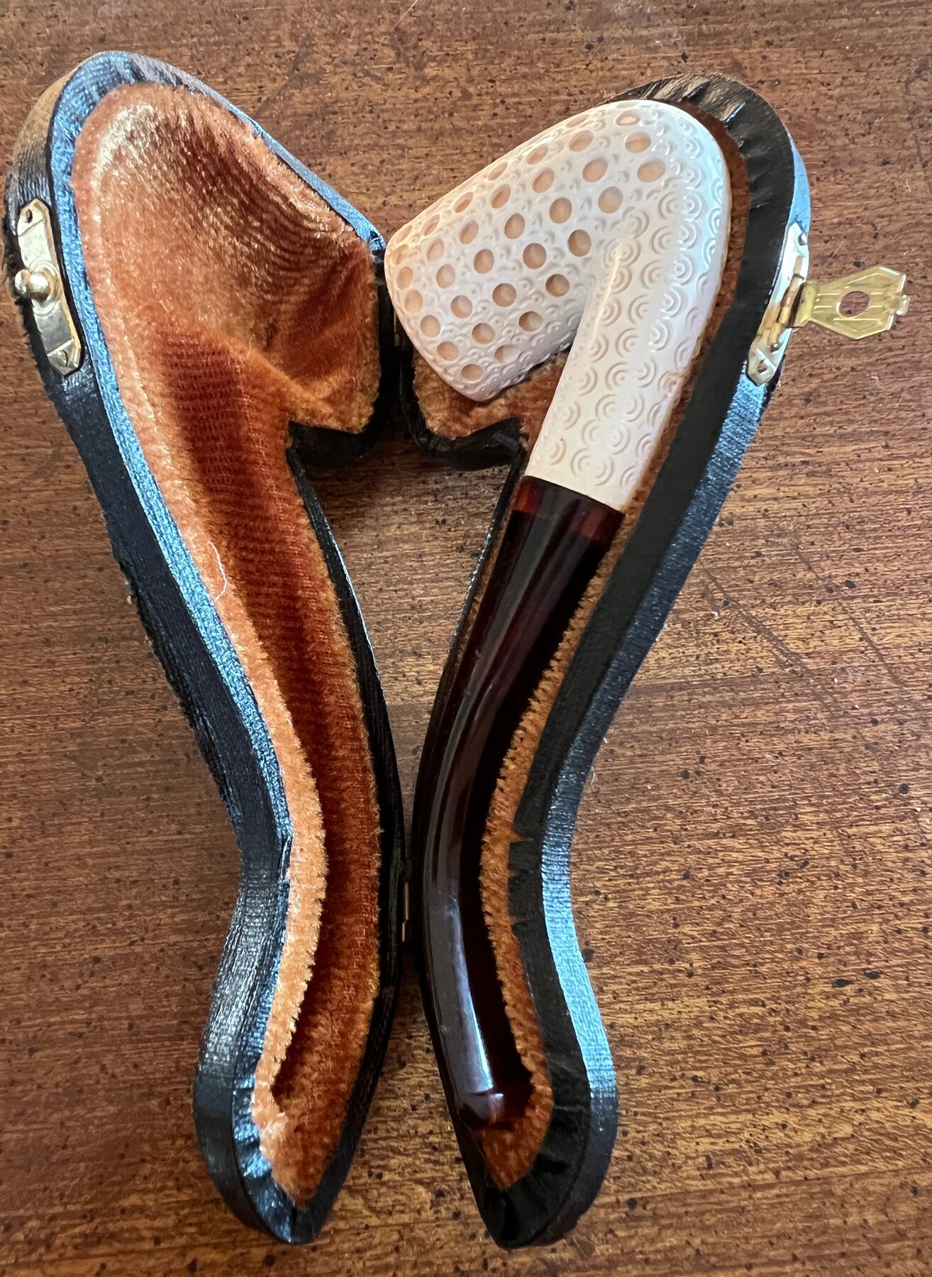 Meerschaum Pipe Carved Lattice Bowl Amber Stem Original Case Antique c1890-1910