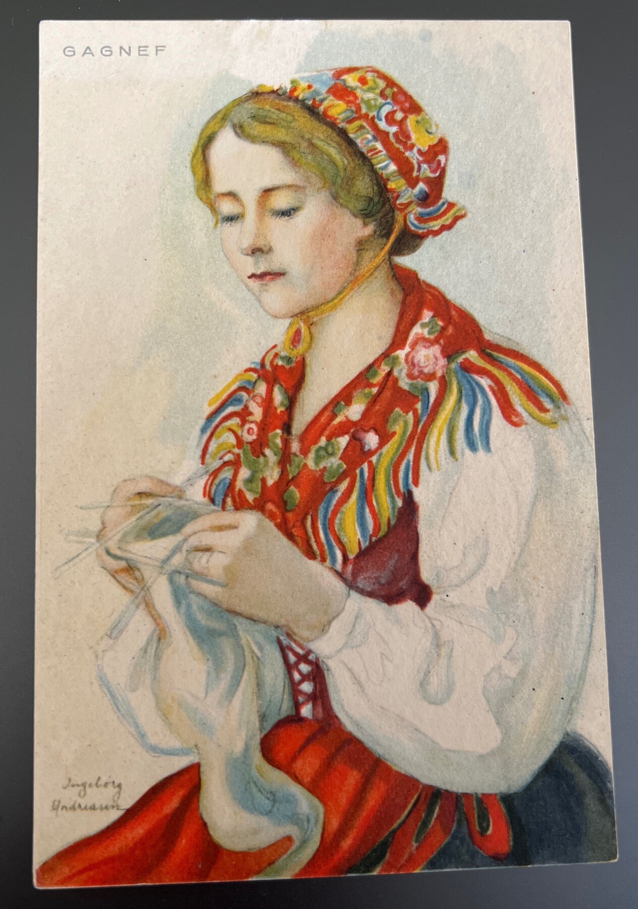 Postcard 1920s Gagnef Sweden Folk Costume Woman Knitting Ingeborg Andersson