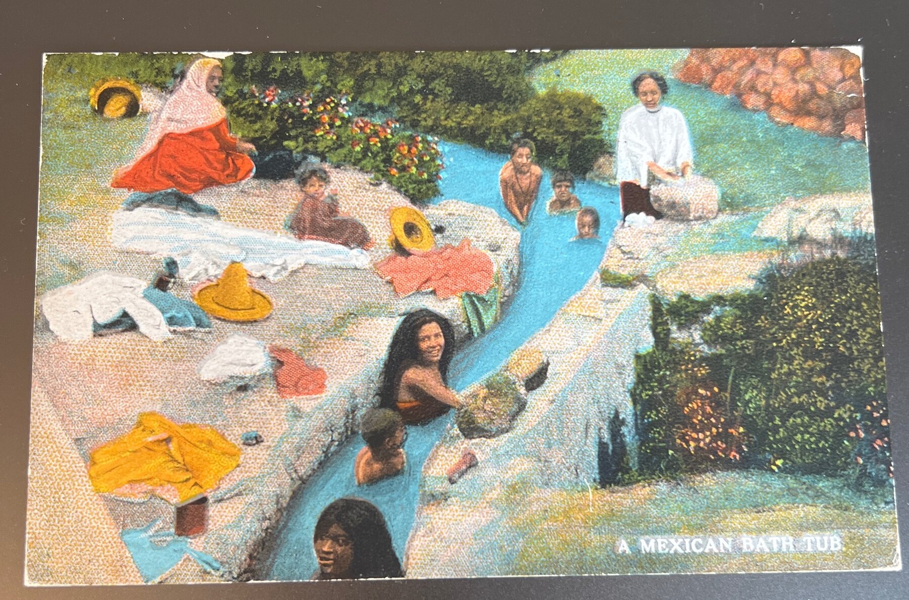 Linen Postcard 1929 A Mexican Bath Tub El Paso TX Women Children Stream