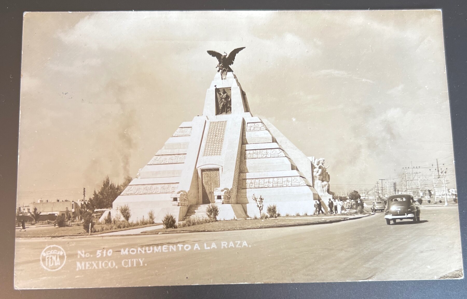 RPPC Postcard 1951 Monumento a la Raza Mexico City Pyramid FENA Aztec Eagle