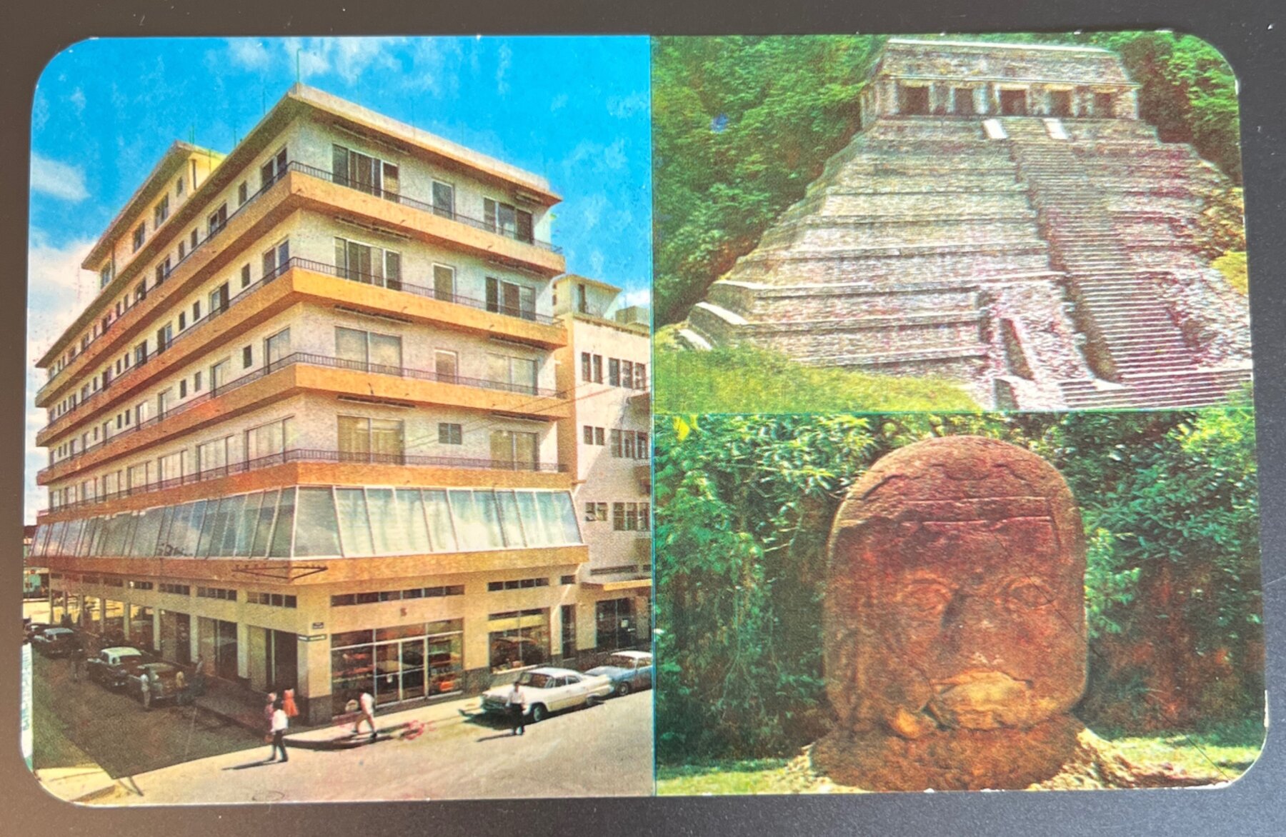 Postcard 1960s Villahermosa Hotel Manzur Palenque Ruins Cabeza Colosal Mexico Chrome