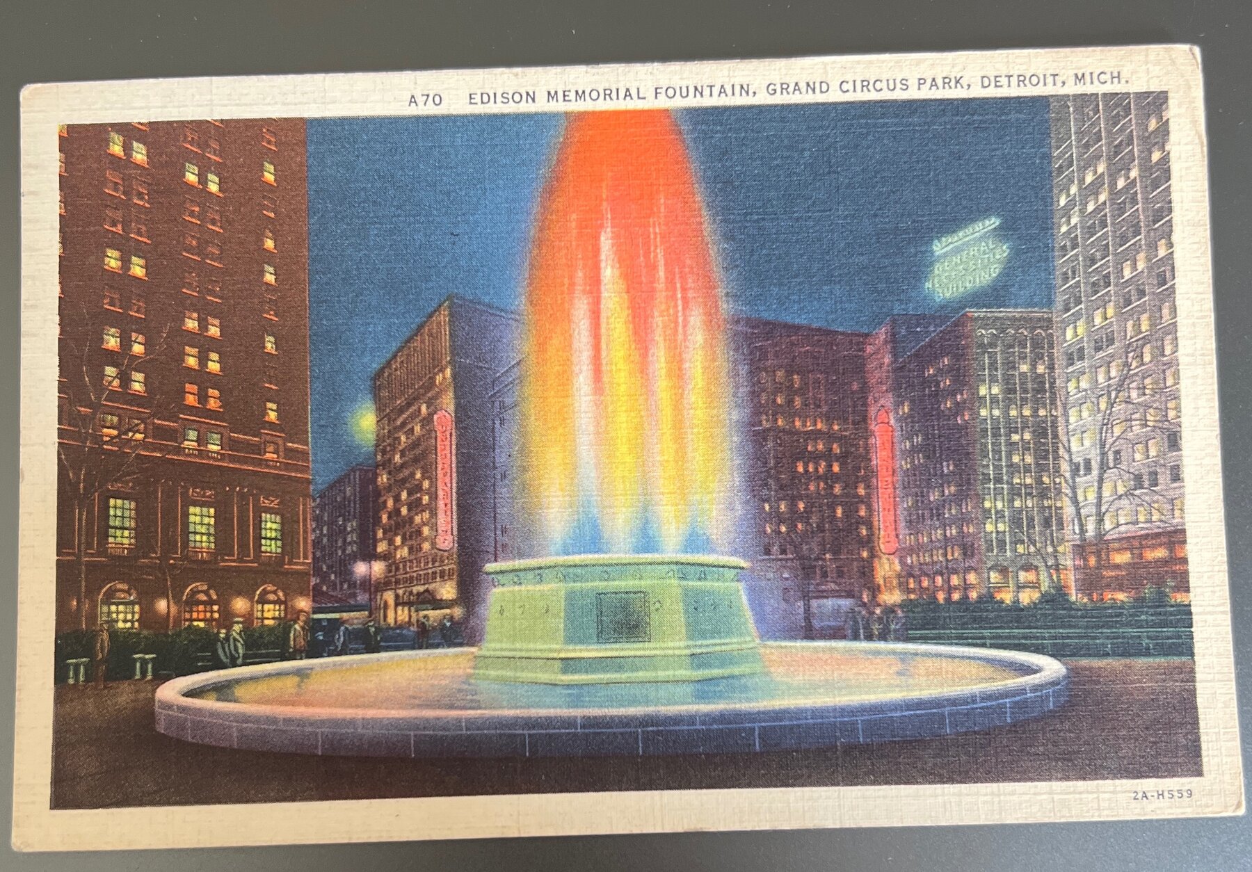 Postcard 1935 Edison Memorial Fountain Grand Circus Park Detroit MI Linen