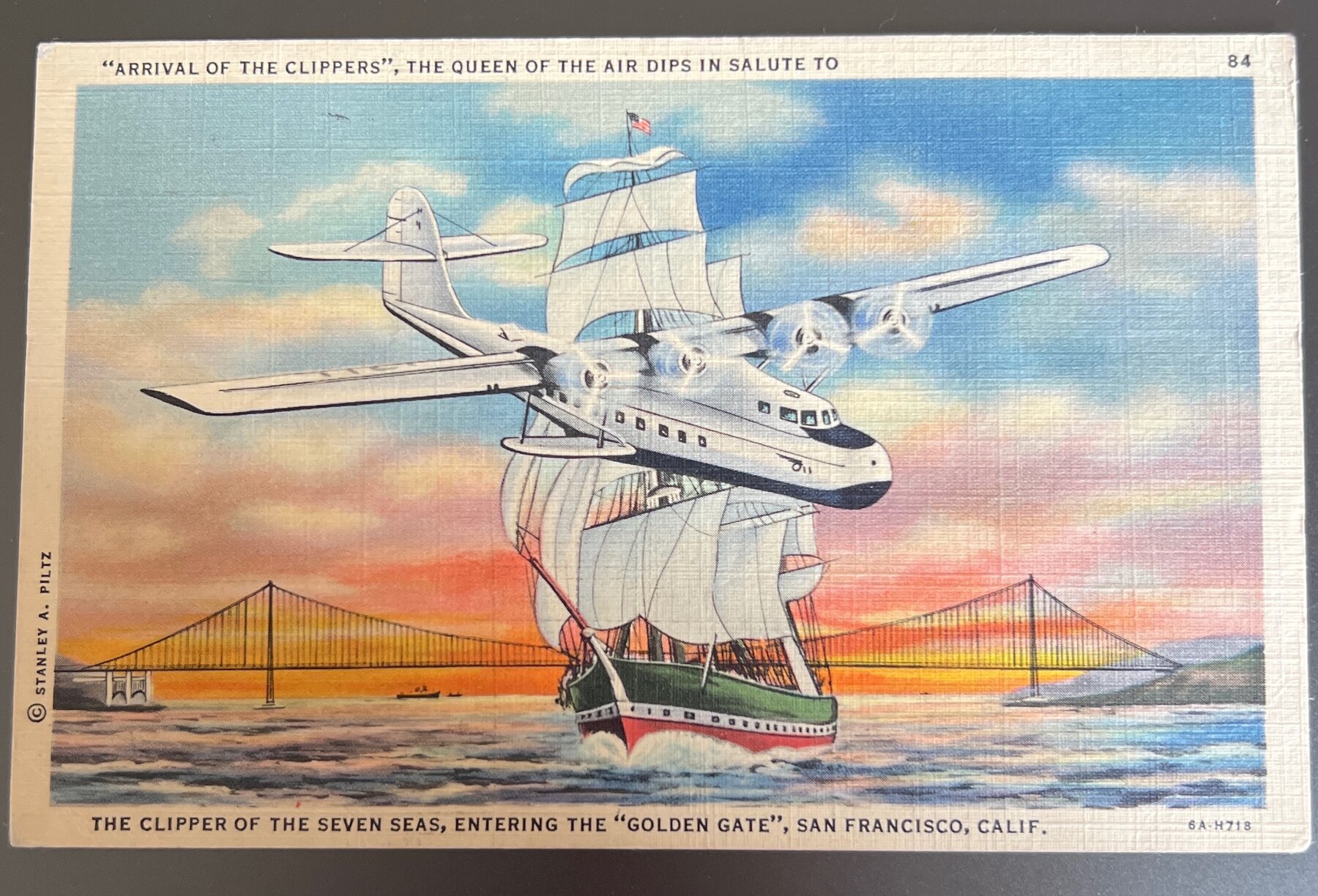 Postcard 1930s Linen Pan Am Clipper Flying Boat Golden Gate San Francisco Art