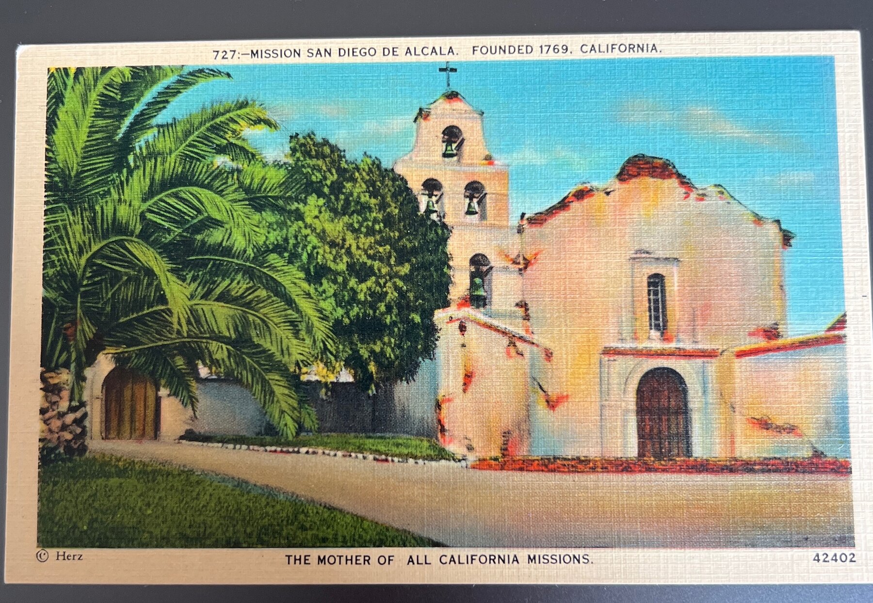 Postcard 1930s Linen Mission San Diego De Alcala Founded 1769 California Herz