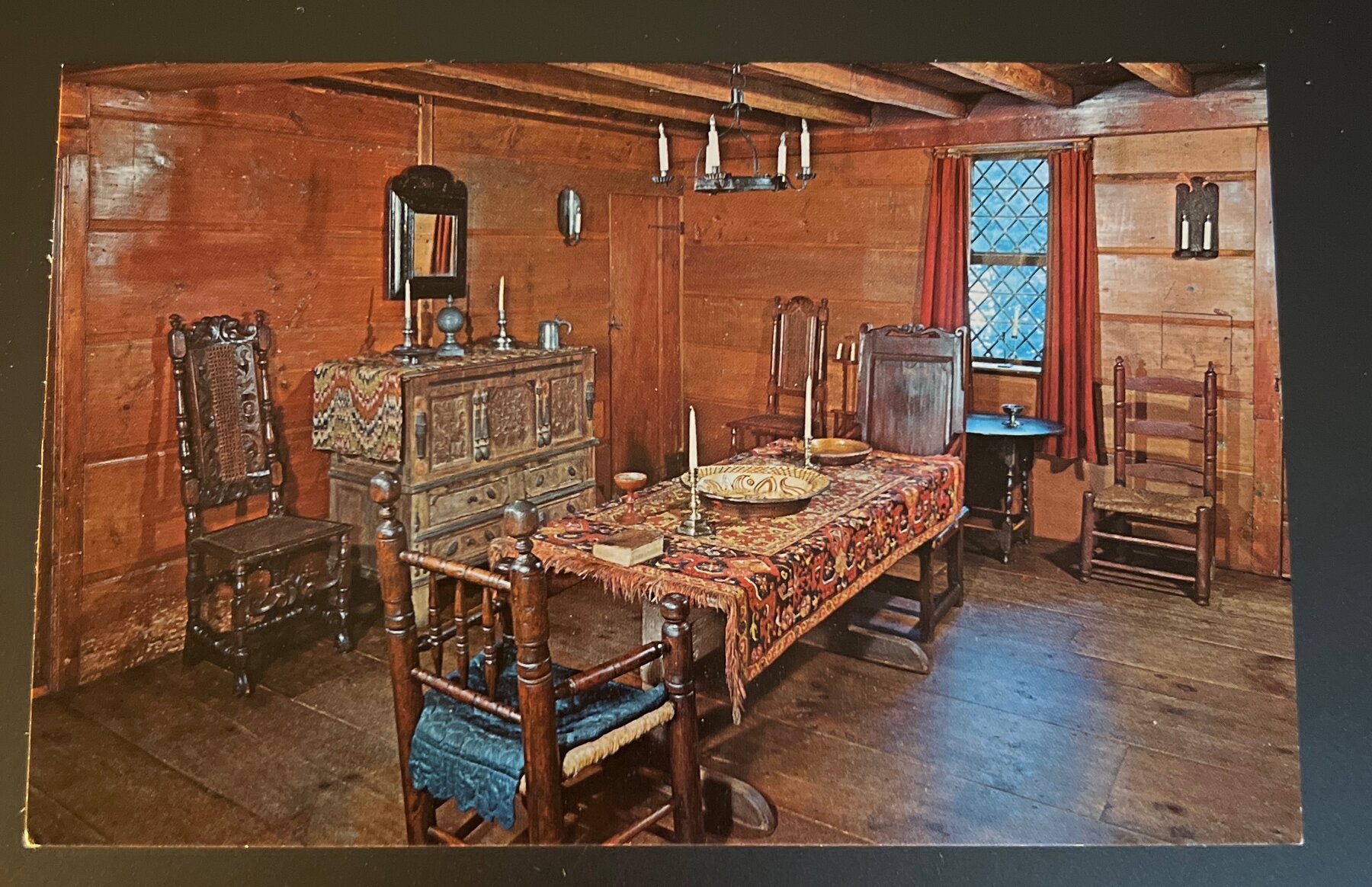 Postcard 1960s Deerfield MA Wells-Thorn House Keeping Room Chrome c.1710