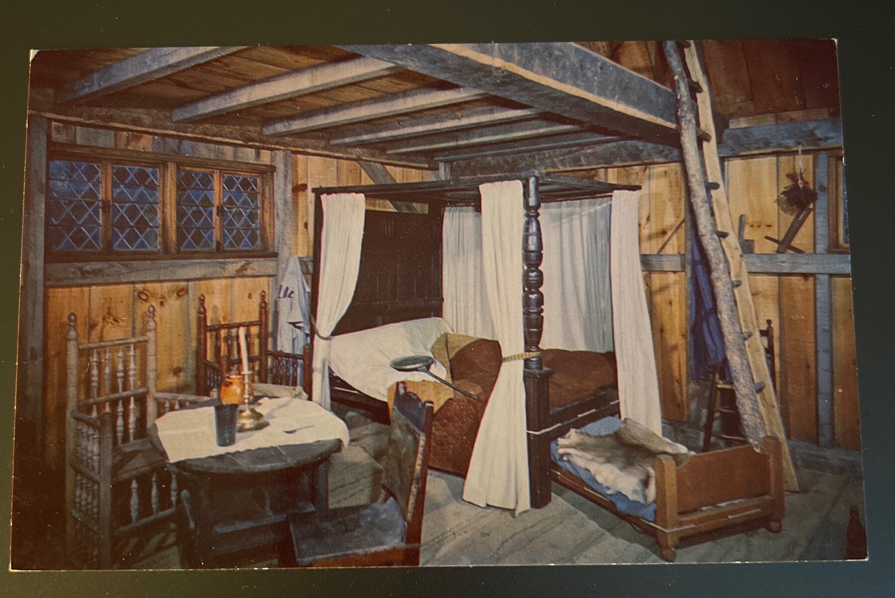 Postcard 1950s Plimoth Plantation Pilgrim House Interior Plymouth MA Chrome