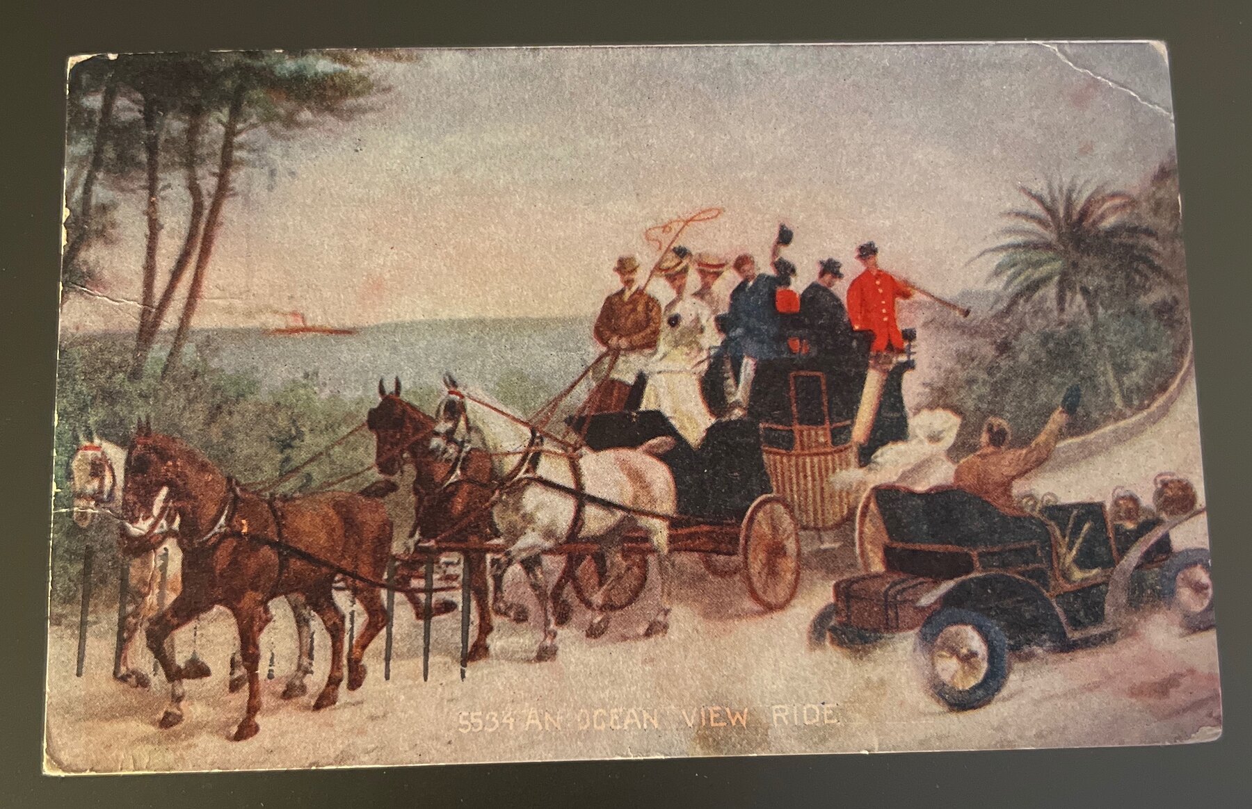 Postcard UDB Ocean View Ride Horse Carriage vs Auto 1907 Used Antwerp NY