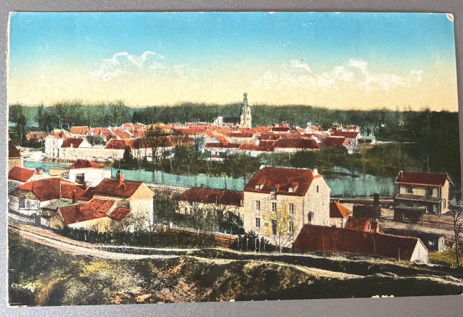 French Village Panorama Postcard 1917 Hand-Colored WWI Era German Script