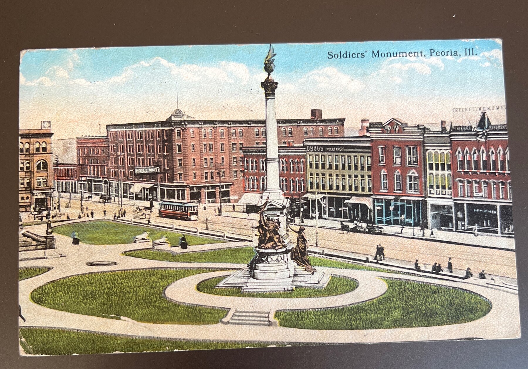 Postcard Soldiers Monument Peoria IL 1912 Pre-Linen Used 2c Washington Stamp