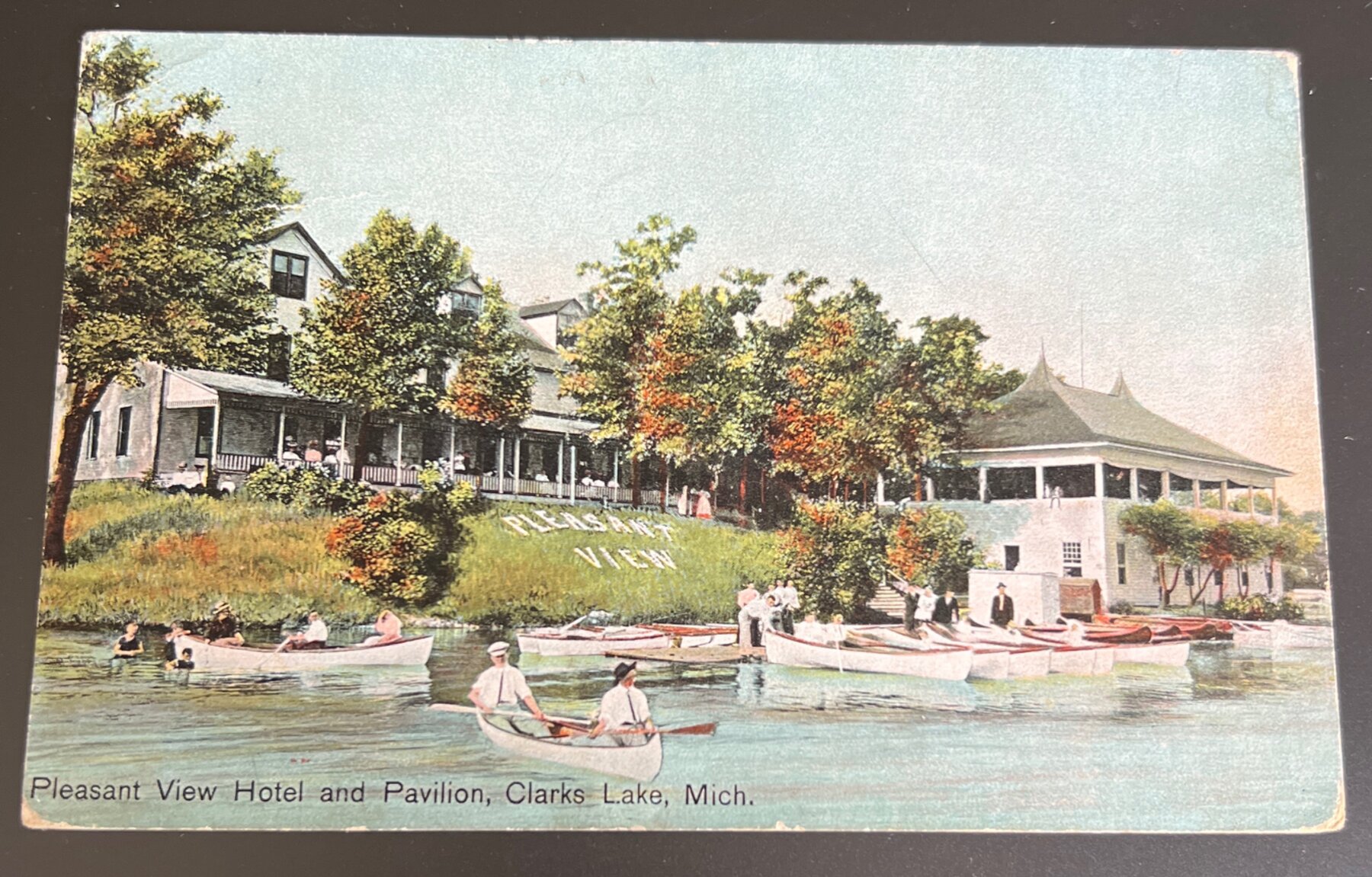 Postcard 1914 Pleasant View Hotel Pavilion Clarks Lake Michigan Pre-Linen