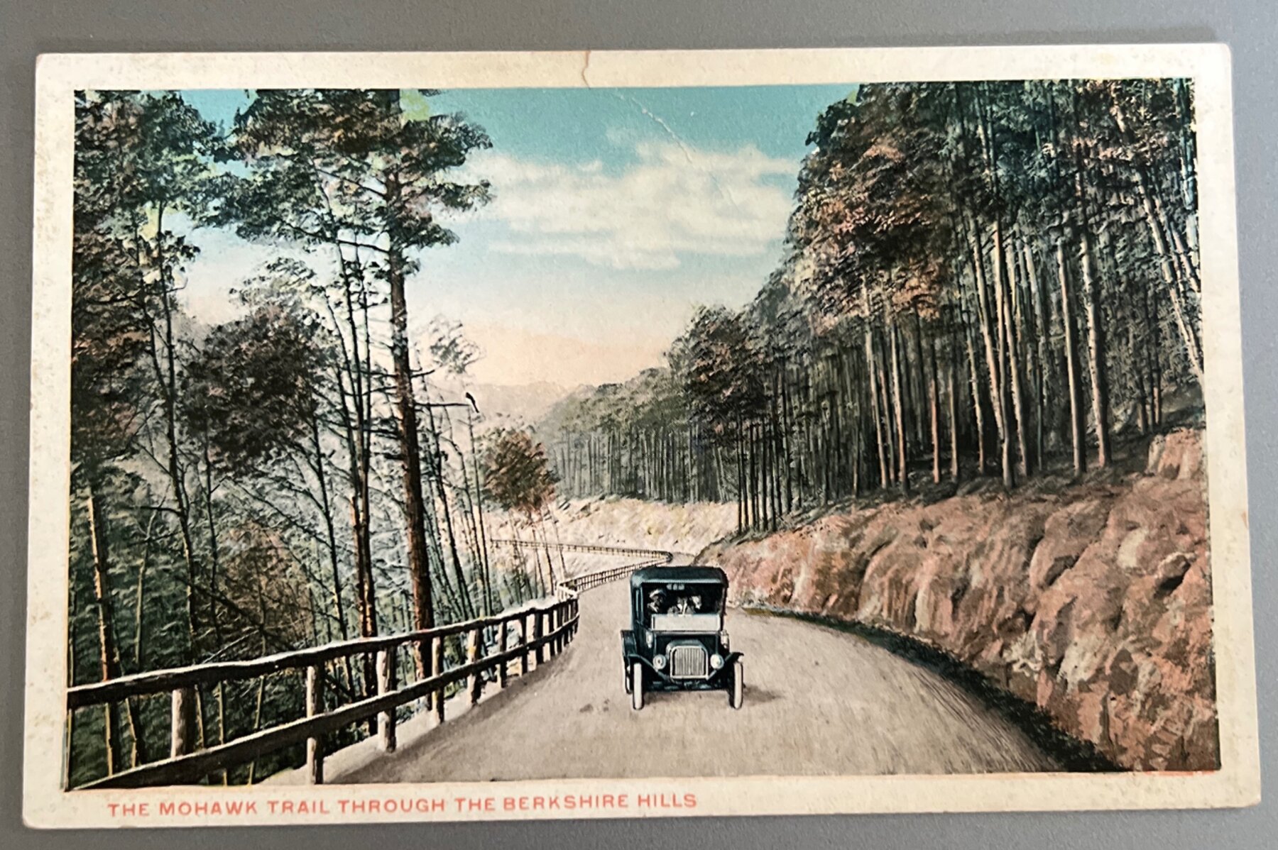 Postcard 1920s Mohawk Trail Berkshire Hills MA Hand-Colored Automobile