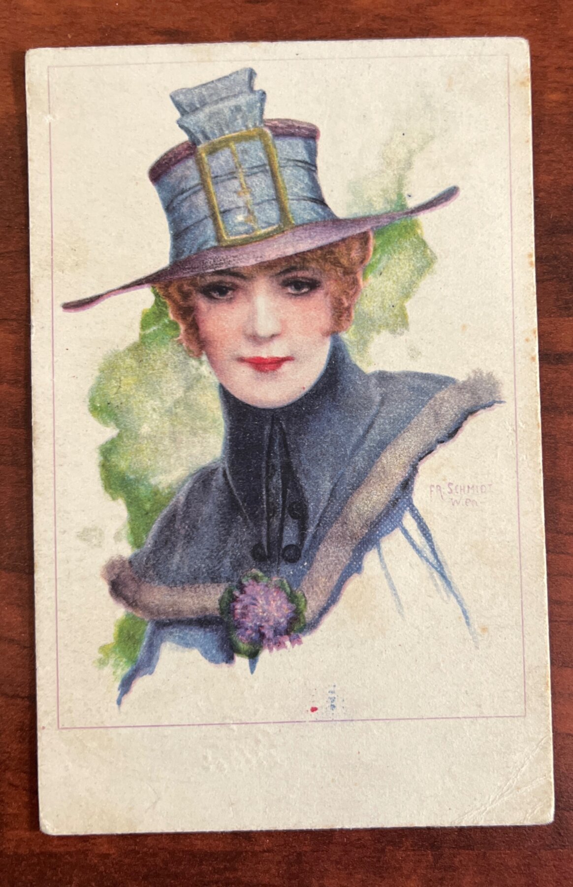 Fr Schmidt Wien Artist Signed Fashion Lady Blue Hat Vienna Postcard 1922