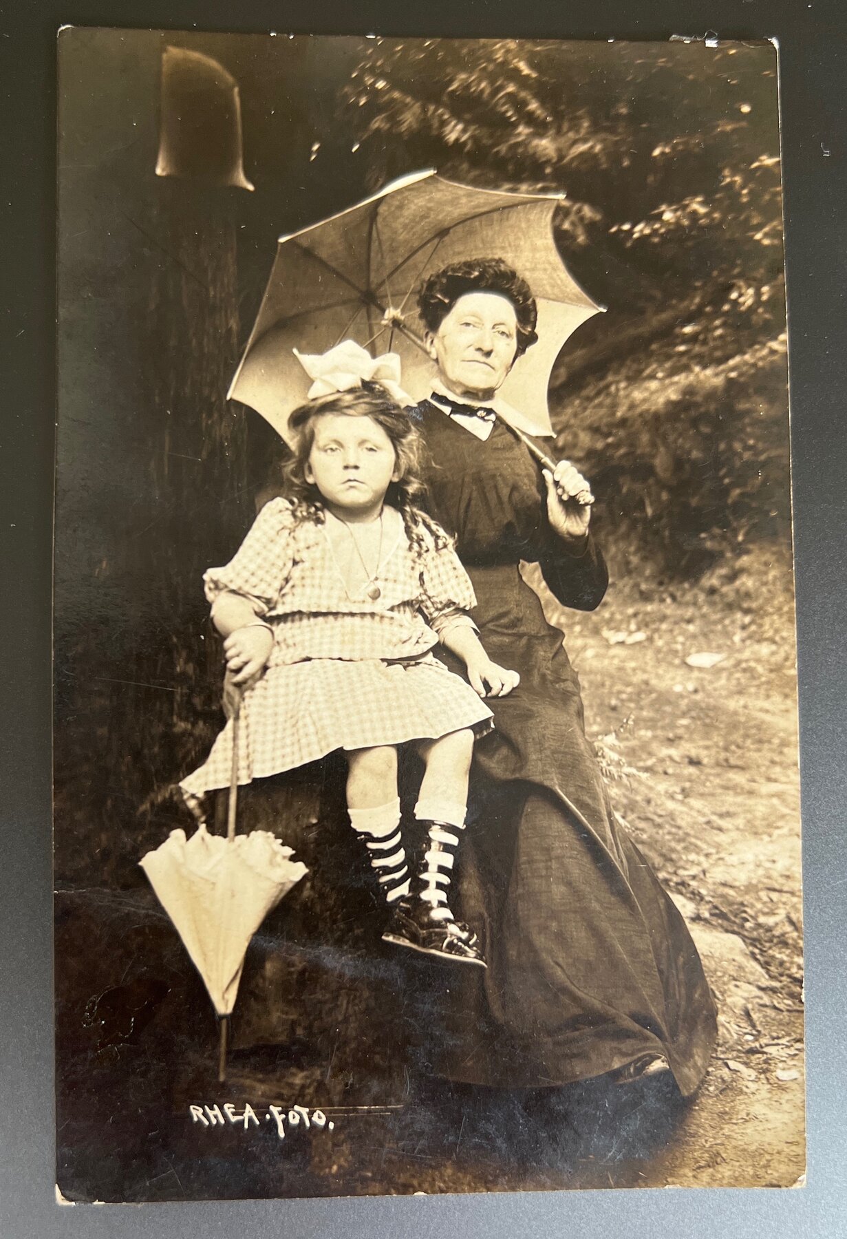 RPPC Grandmother Girl Parasols Outdoor Portrait Rhea Foto Postcard c1910