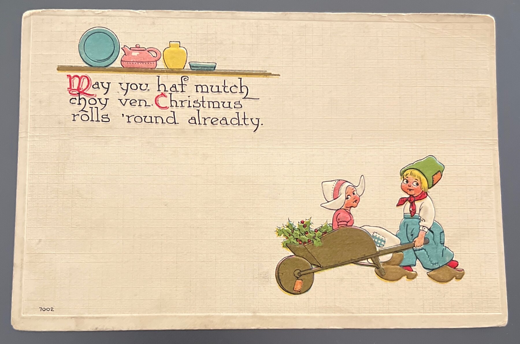 Postcard 1913 Dutch Children Christmas Wheelbarrow Embossed Bergman Humor