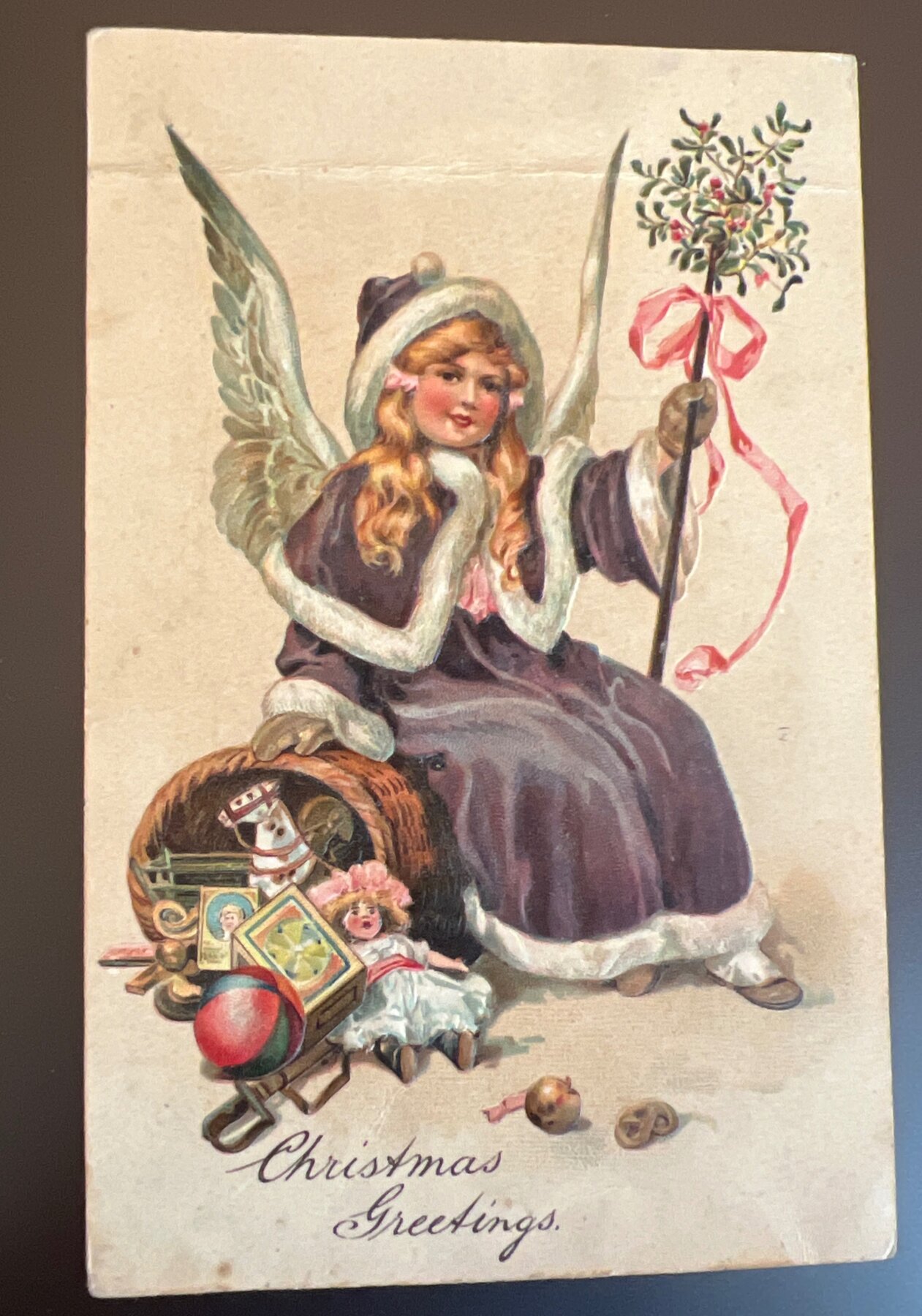 Postcard 1908 Christmas Greetings Angel Toys Embossed Germany Printed