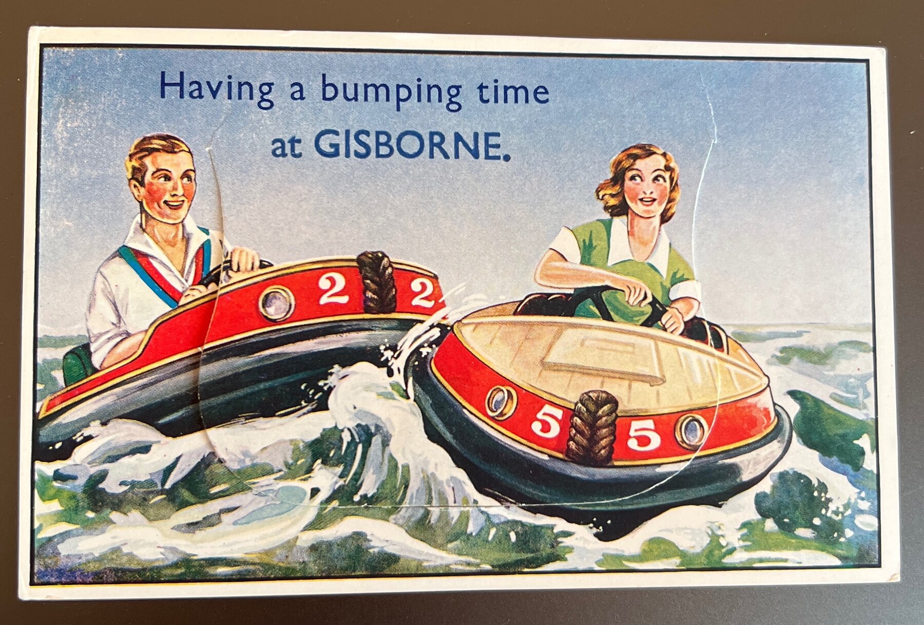 Postcard Gisborne NZ "Having a Bumping Time" Bumper Boats Fold-Out 1930s