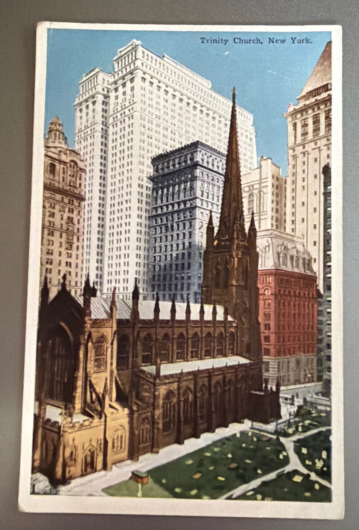 Postcard Trinity Church New York NY Wall Street c1920s Linen Aerial View