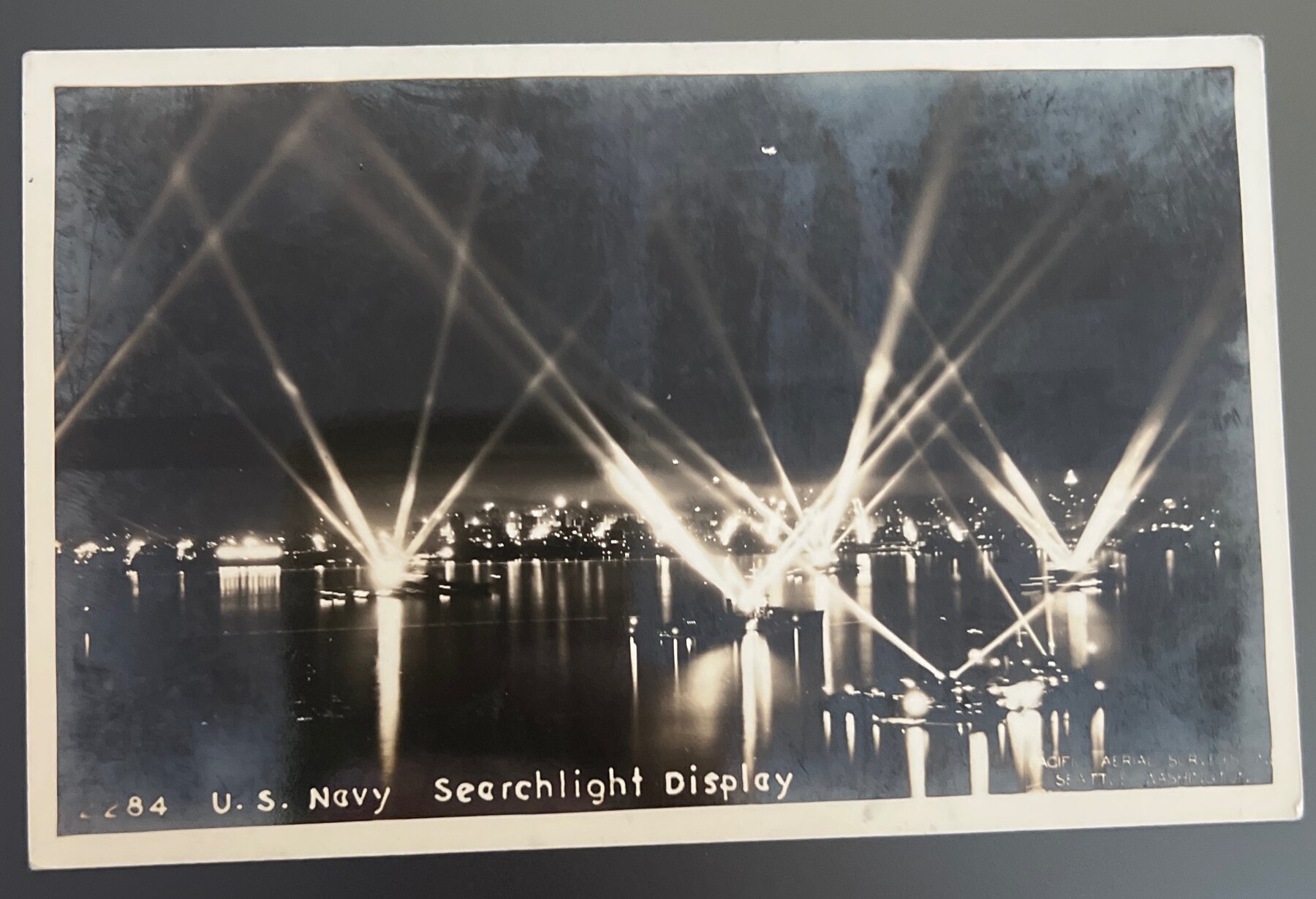 Postcard 1930s US Navy Searchlight Display Seattle Washington RPPC Night