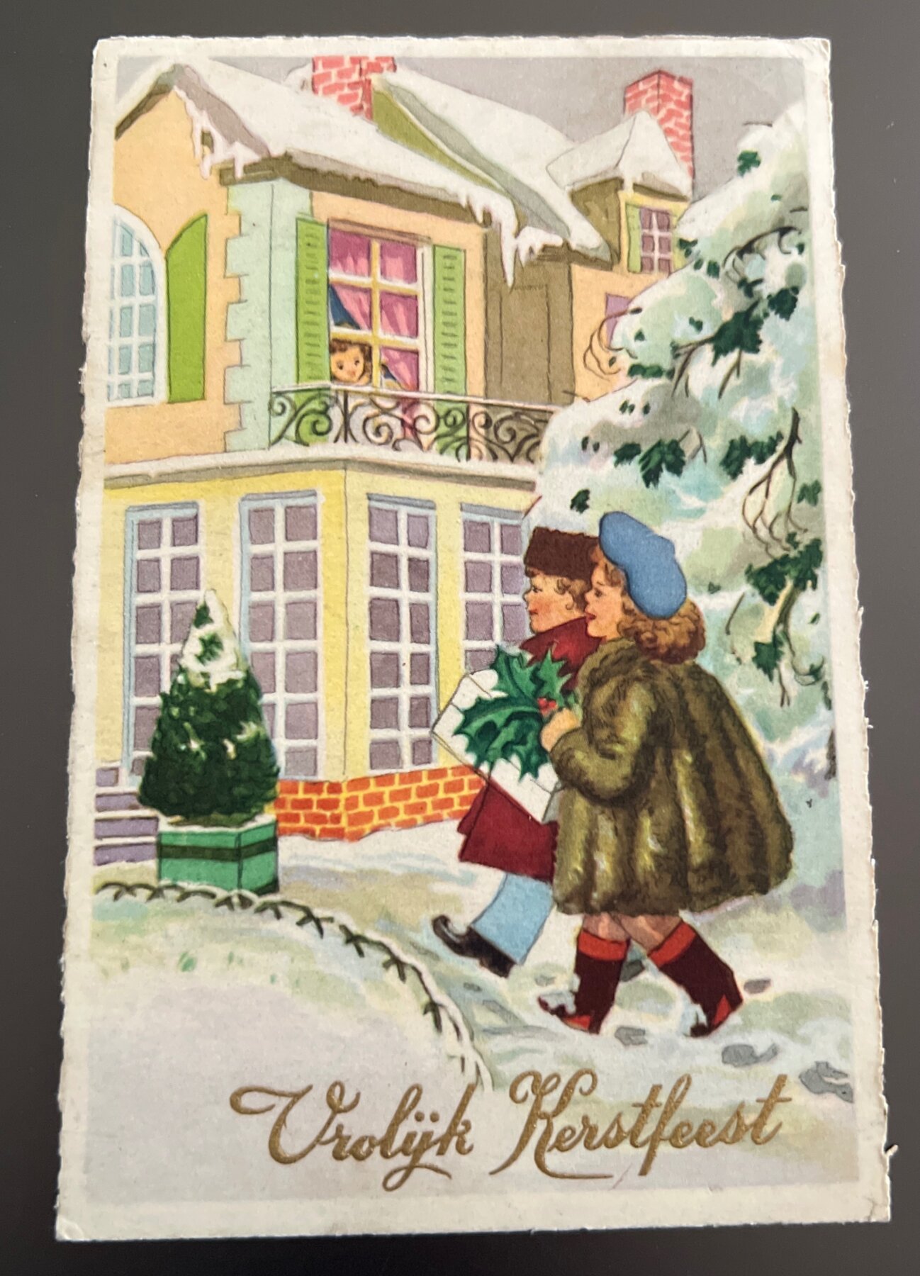 Postcard 1940s Vrolijk Kerstfeest Belgian Christmas Children Snow Embossed