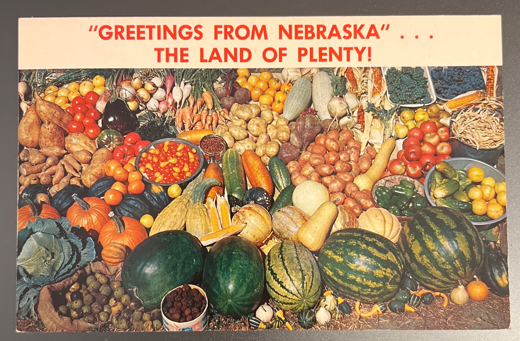 Postcard 1960s Greetings Nebraska Land of Plenty Vegetables Chrome Unused